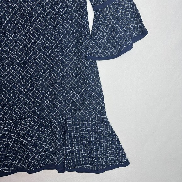 Eliza J Lace Dress with White Embroidered Overlay Bell Sleeves Midi Navy Size 6 - Picture 4 of 7